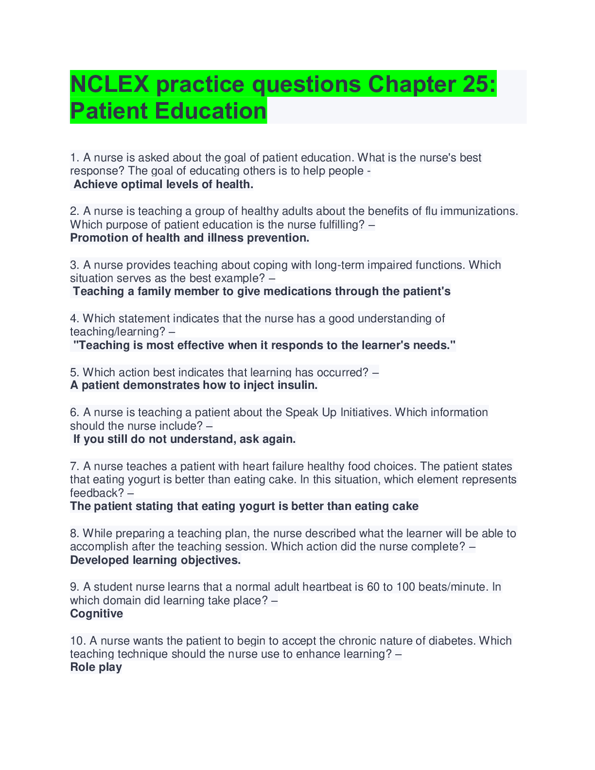 Preview image for NCLEX practice questions Chapter 25: Patient Education Questions And Answers( With Complete Solution Rated A)